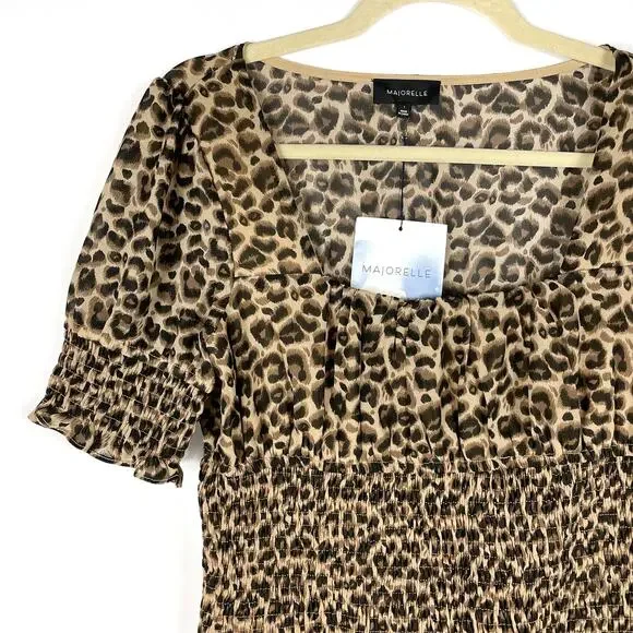 Majorelle Lexi‎ Smocked Mini Dress Leopard Animal Print Tan Black Sz L